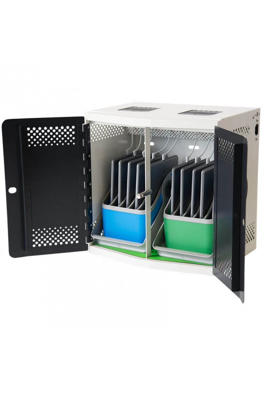 PC Locs iQ10 Sync Charge Station -Designed to sync, charge, store and secure 10 iPad or Tablet devices. Comes equipped with baskets for added portability and device rack option.